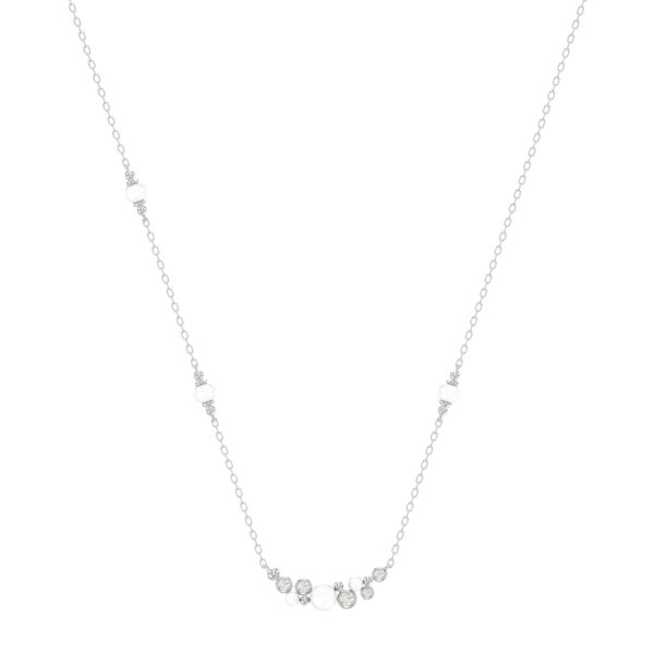 Elegant 14K White Gold Ladies Necklace With Pearl Centerpiece And Round Diamond Accents 0.16Ct. Perfect For Everyday Elegance Or Gifting.
