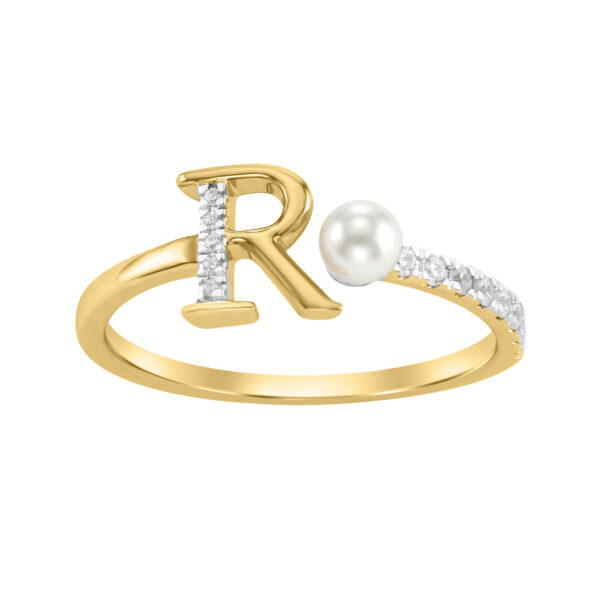 10K Yellow Gold Ladies 0.10CT Round Diamond Pearl “R” Alphabet Ring Elegant Initial Jewelry