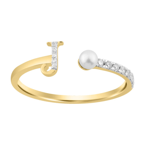 10K Yellow Gold Ladies 0.10CT Round Diamond Pearl “J” Alphabet Ring Elegant Initial Jewelry