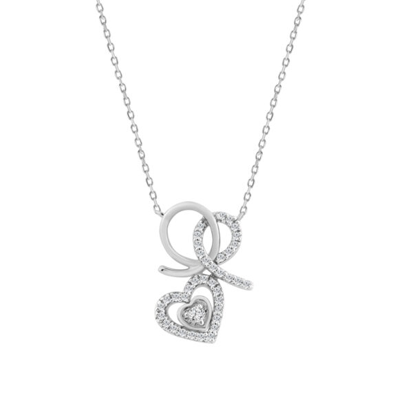 10K WHITE GOLD DOUBLE HEART FASHION PENDANT WITH CHAIN FOR LADIES 0.15CT ROUND DIAMOND