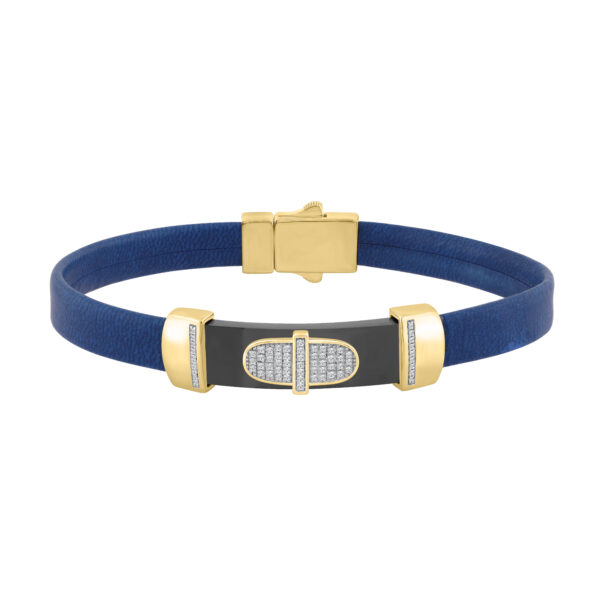 0.25 Ct Round Diamond Men’S Bracelet Yellow Gold  With Rubber Strap (Blue/Black)