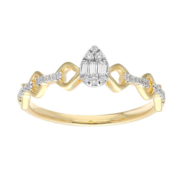 Ladies 0.15Ct Diamond Teardrop Halo Promise Ring – Baguette & Round Cut Diamonds In 10K Yellow Gold