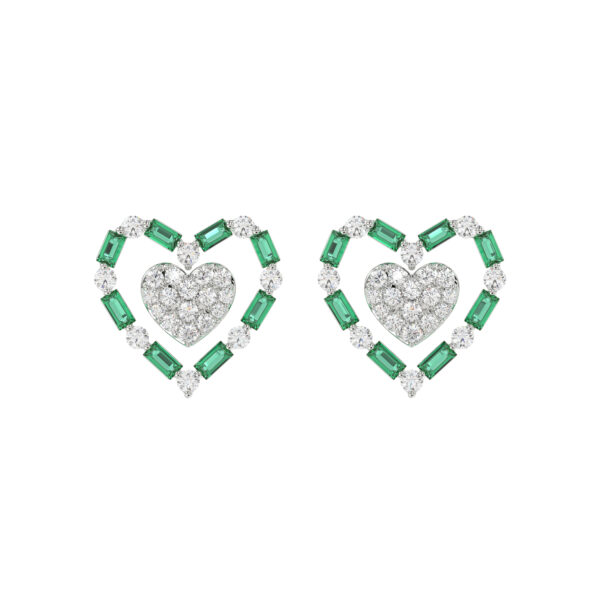 LADIES EARRING 0.50CT ROUND/GREEN EMERALD BAGUETTE DIAMOND 14K YELLOW GOLD (GREEN EMERALD BAGUETTE 0.32CT)