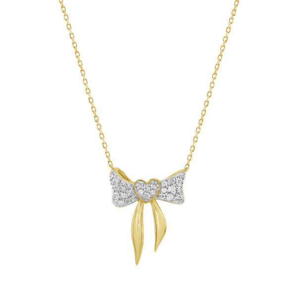 10K Yellow Gold Heart Bow Diamond Necklace 0.25CT Round Diamond Ladies Jewelry Gift