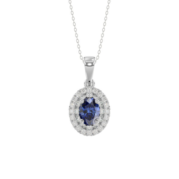 Elegant 14K White Gold Ladies Pendant Featuring Oval Sapphire And Round Diamond Accents 1.16Ct Includes Chain For A Complete Luxury Look.